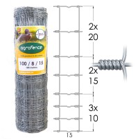 Malla Anudada Agrofence
 Hauteur (cm)-100 cm (Ovins) Nº de fils horizontaux-8 Distance entre les fils verticaux (cm)-15 Longueur du rouleau-100 m Cynégétique-Non