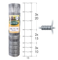 Malla Anudada Agrofence Galvanized
 Height. (cm)-120 No. of horizontal wires-9 Distance between vertical wires (cm)-15 Roll length-100 m Game-No