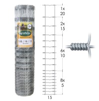 Malla Anudada Agrofence Galvanized
 Height. (cm)-150 No. of horizontal wires-18 Distance between vertical wires (cm)-15 Roll length-100 m Game-No